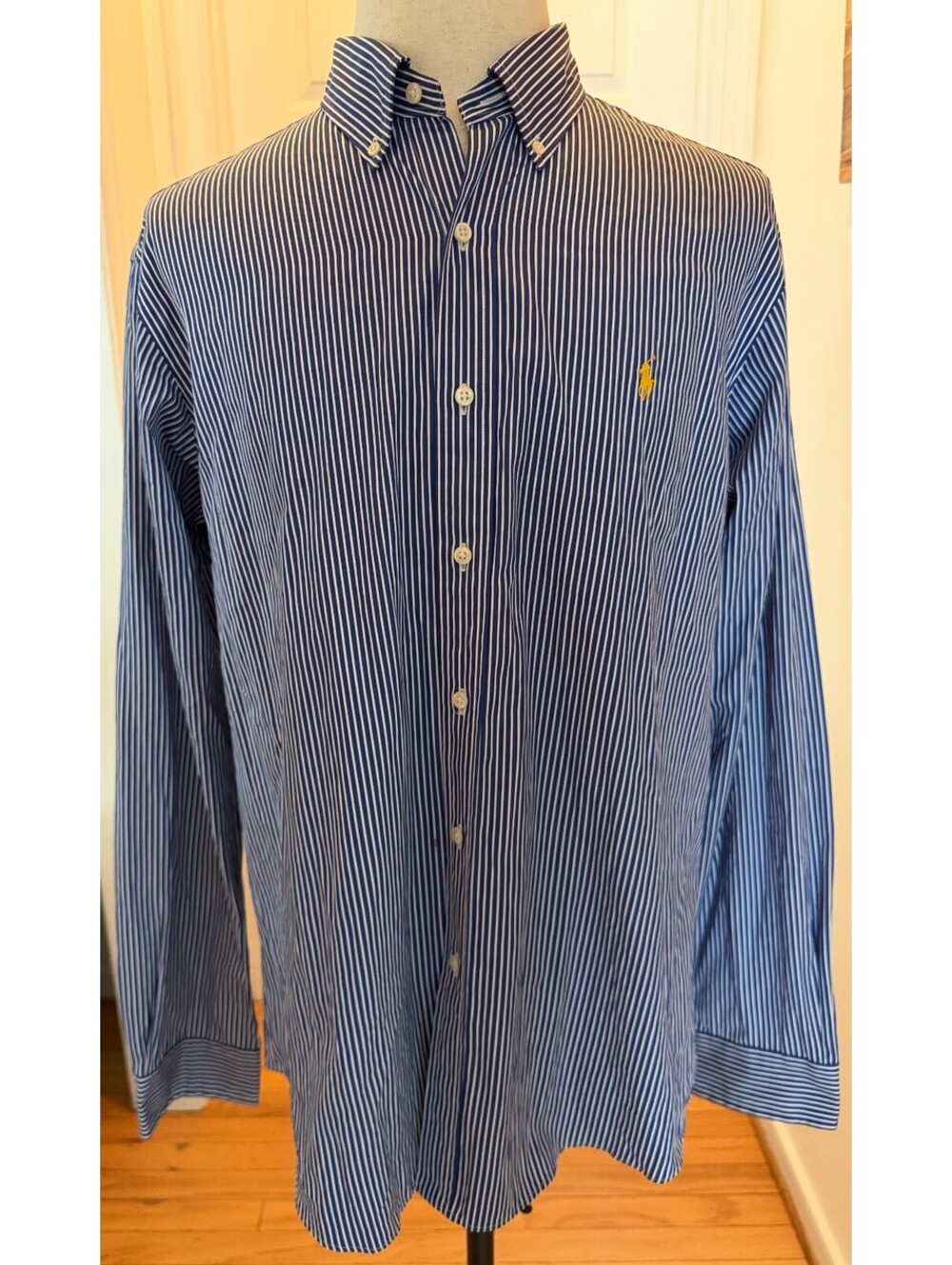 Polo Ralph Lauren Shirt Mens XL Blue White Vert. Stripe Yellow Pony Long Sleeve